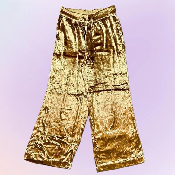 Maeve Anthropologie Crushed Velvet Gold Yellow Pants Wide Leg Size Small - Boho - Picture 2 of 7